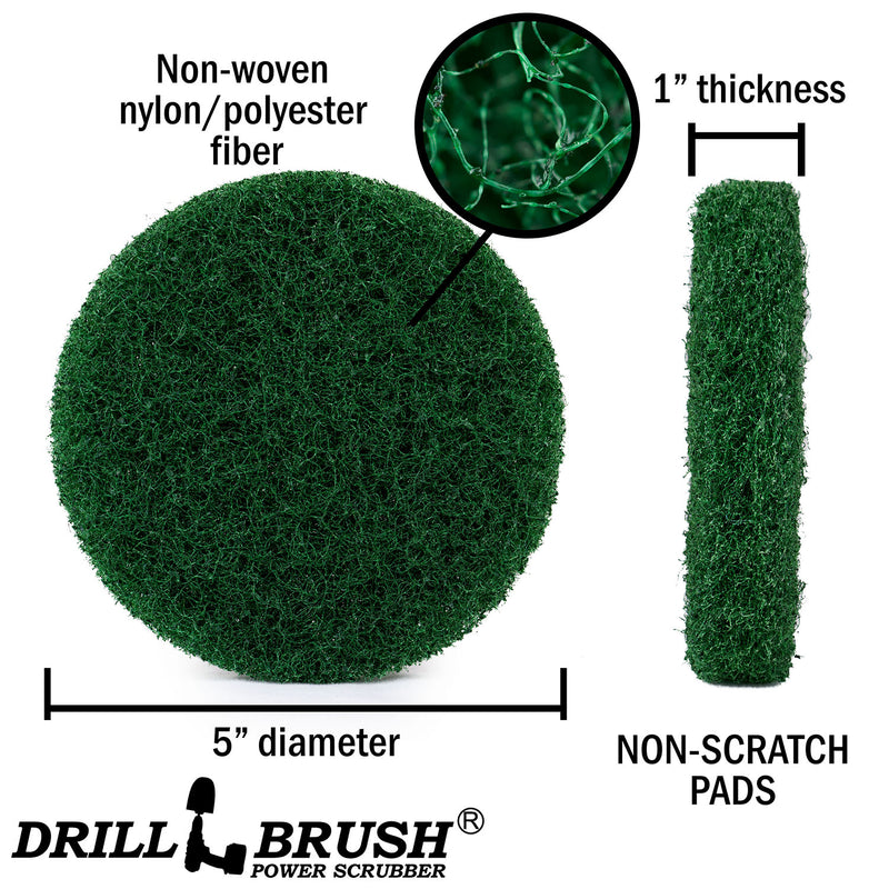 Specs for the Drillbrush Green Abrasive 5 inch Scrubbing Pad.