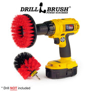 Drillbrush Stiff Red Outdoor and Patio Brush Kit pictured with a 4 inch brush in a cordless drill.