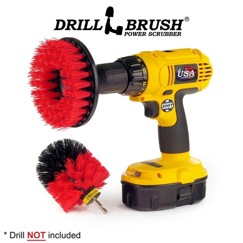 Drillbrush Stiff Red Outdoor and Patio Brush Kit pictured with a 4 inch brush in a cordless drill.