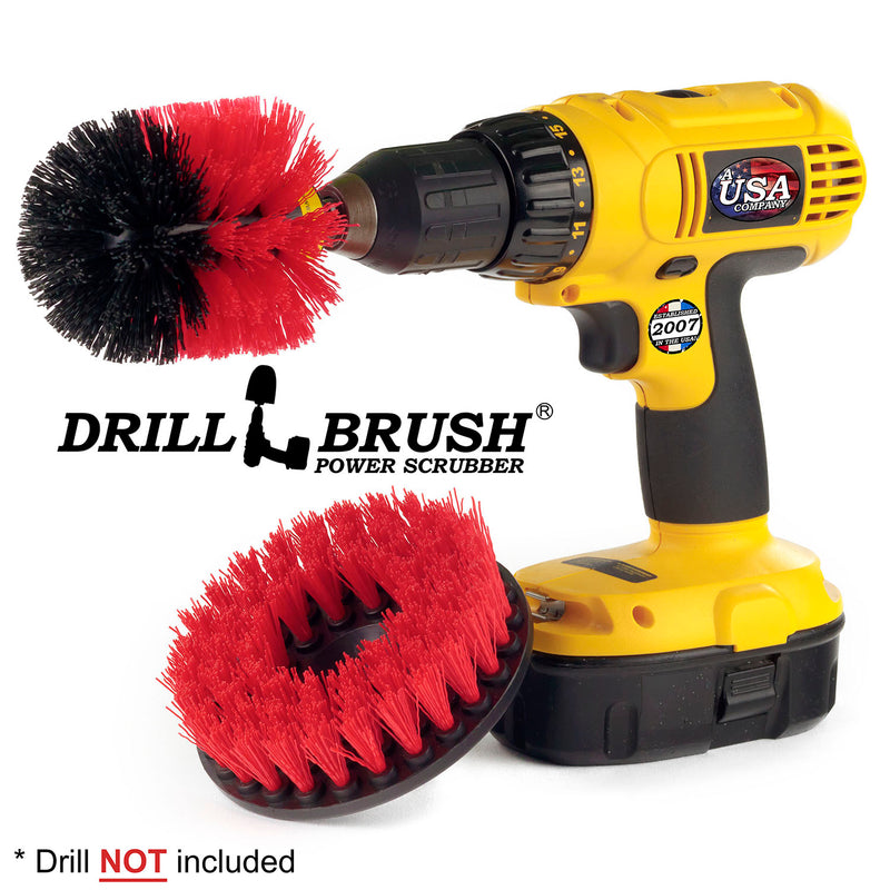Drillbrush Stiff Red Outdoor and Patio Brush Kit pictured with an Original brush in a cordless drill.