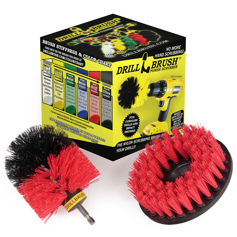 The Drillbrush 5H-OS Stiff Red Outdoor & Patio Brush Kit in front of the box it comes in.