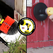 Action shots of a Stiff Red Original brush cleaning a waterspout and a Stiff Red 5 inch Hex Drillbrush cleaning metal siding.