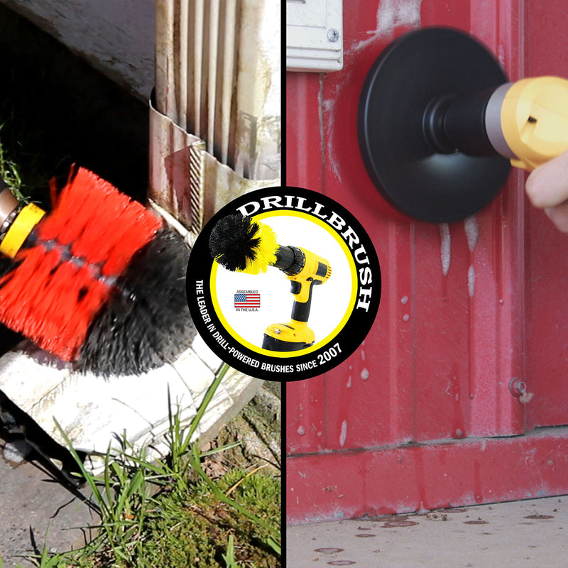 Action shots of a Stiff Red Original brush cleaning a waterspout and a Stiff Red 5 inch Hex Drillbrush cleaning metal siding.