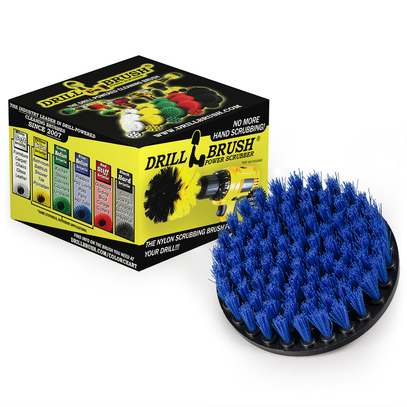 Drillbrush 5 inch Medium Blue brush in front of its packaging.