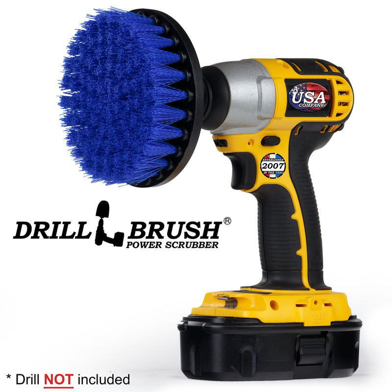 Drillbrush 5 inch Medium Blue brush in a cordless drill.