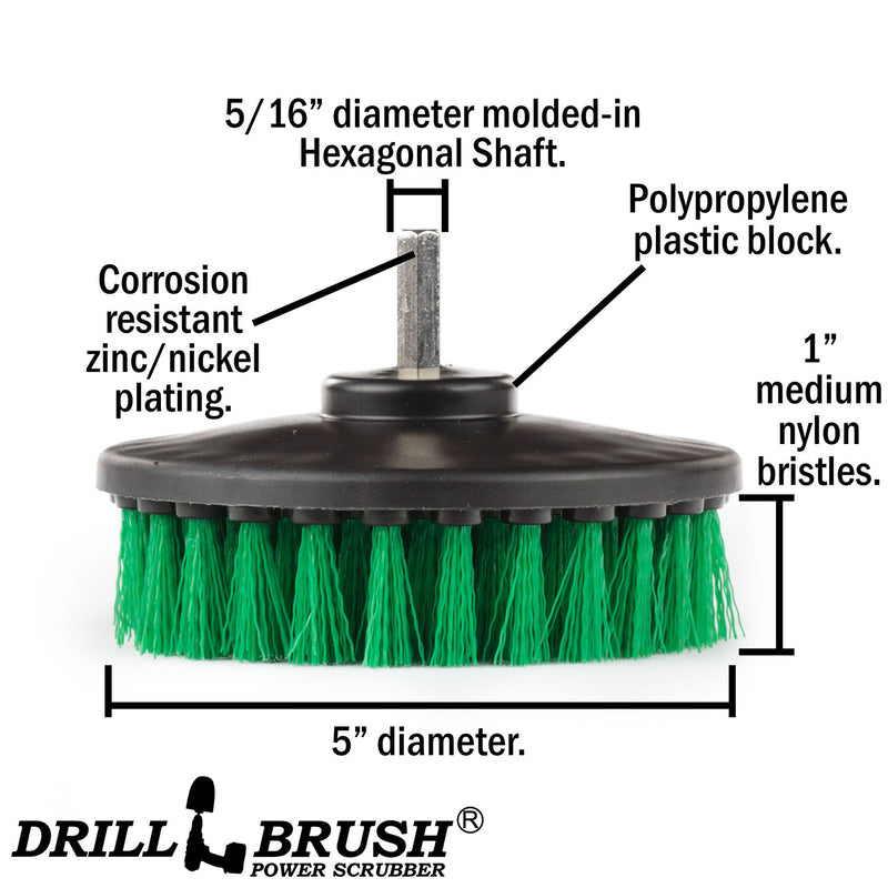 Specs for the Drillbrush 5 inch Hex Medium Green Kitchen Brush.