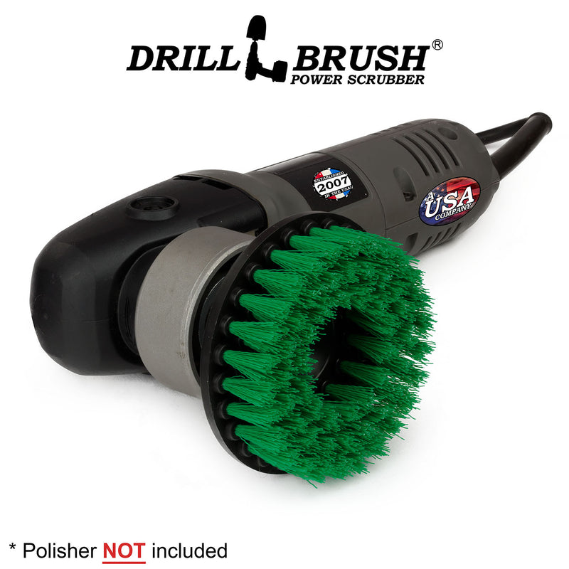 Drillbrush 5 inch Medium Green Threaded brush in a polisher.