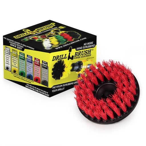 Drillbrush 5 inch Hex Stiff Red Outdoor and Patio Brush in front of its packaging.