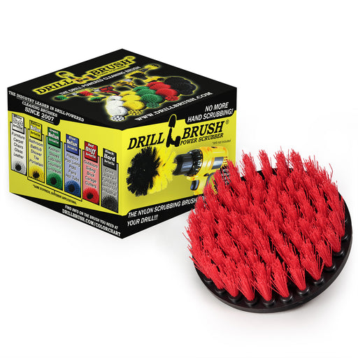 Drillbrush 5 inch Stiff Red brush in front of it's packaging.