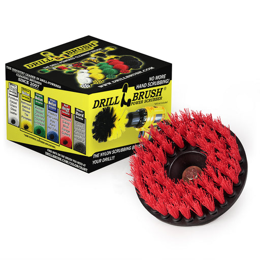 Drillbrush 5 inch Stiff Red Threaded brush in front of its packaging.
