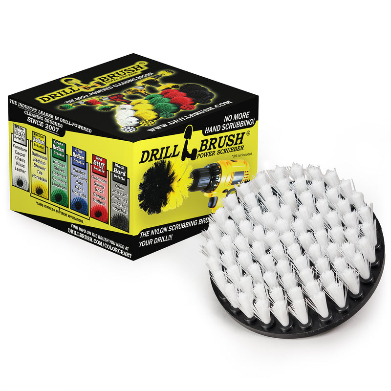 Drillbrush 5 inch Soft White brush in front of its packaging.