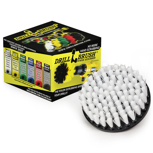 Drillbrush 5 inch Soft White brush in front of its packaging.