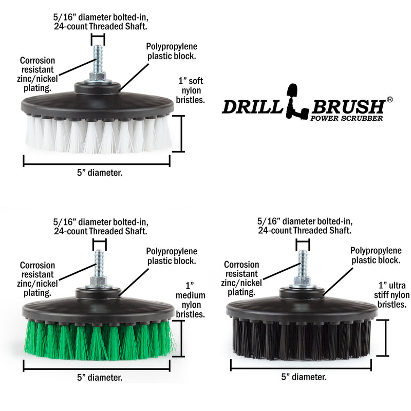 5 inch Threaded 3-piece Brushes - Soft, Medium, & Ultra Stiff Bristles - Home, Auto, and Grill Cleaning | 5in-S-WGK-T-DB
