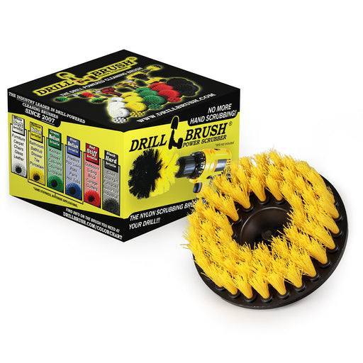 Drillbrush 5 inch Hex Medium Yellow Bathroom Brush in front of its packaging.