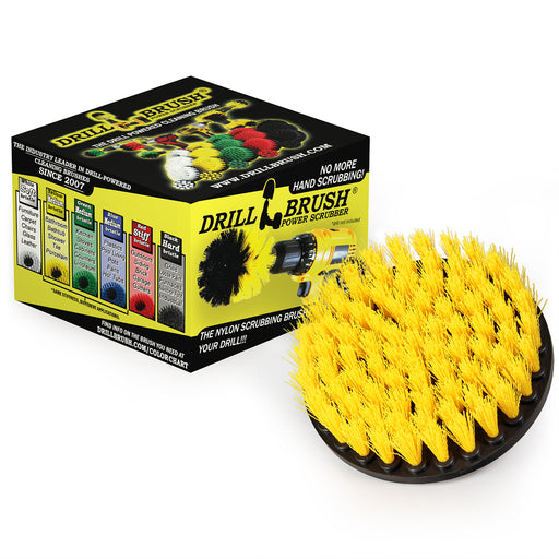 Drillbrush 5 inch Medium Yellow brush in front of its packaging.