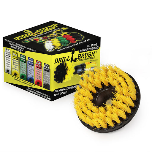 Drillbrush 5 inch Medium Yellow Threaded brush in front of its packaging.