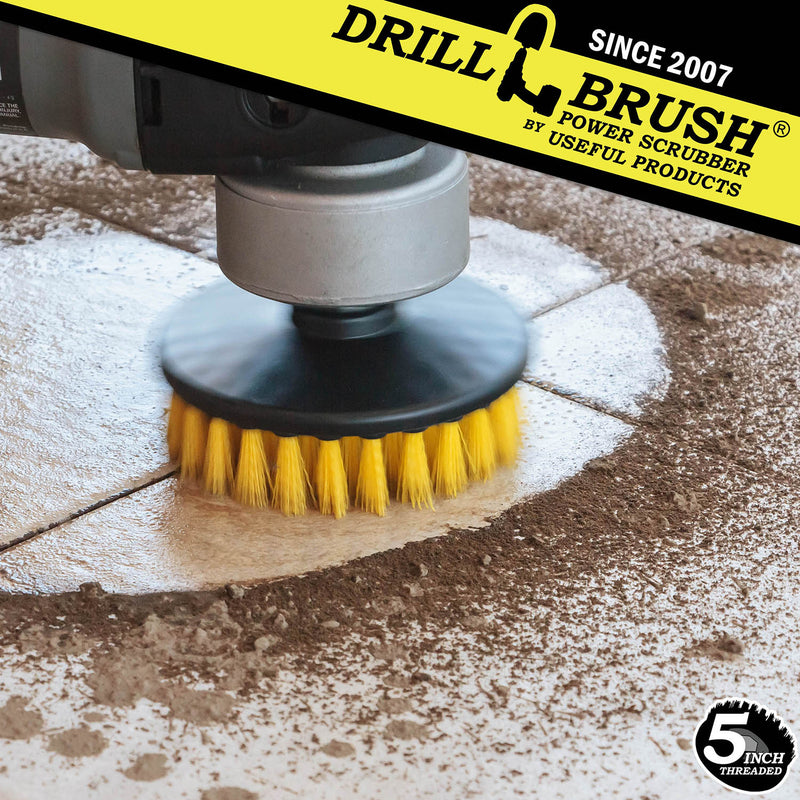 Drillbrush 5 inch Medium Yellow Threaded brush cleaning dirt off a tile floor.