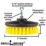 Spec sheet for a Drillbrush 5 inch Medium Yellow Threaded brush.