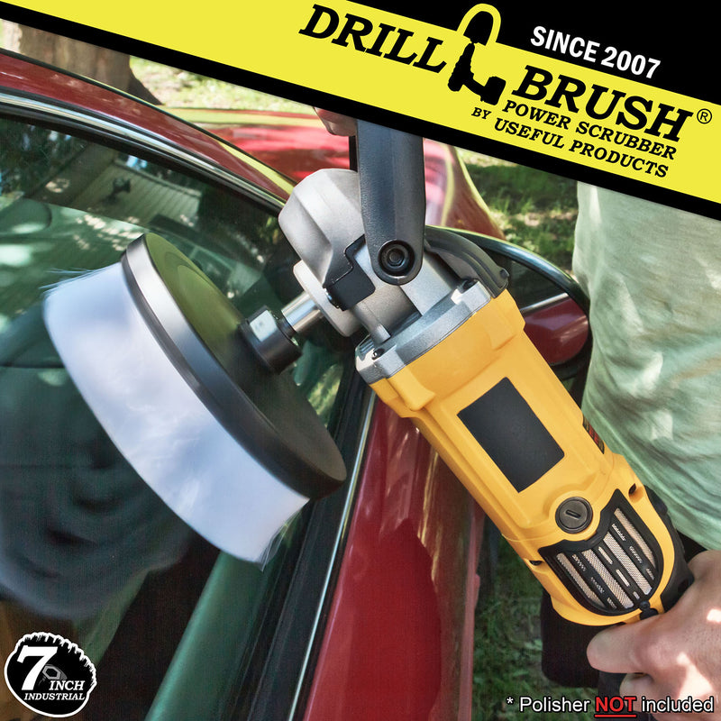 Drillbrush Soft White 7 inch brush in a variable speed polisher cleaning a car window.