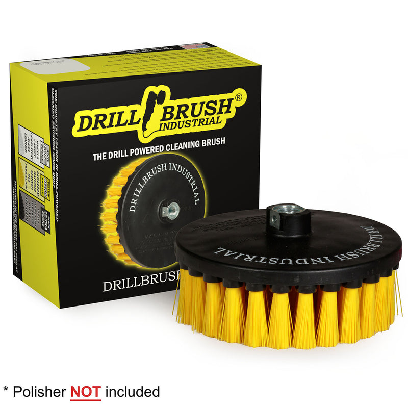Drillbrush Medium Yellow 7 inch brush in front of its packaging.