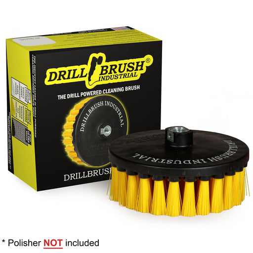 Drillbrush Medium Yellow 7 inch brush in front of its packaging.