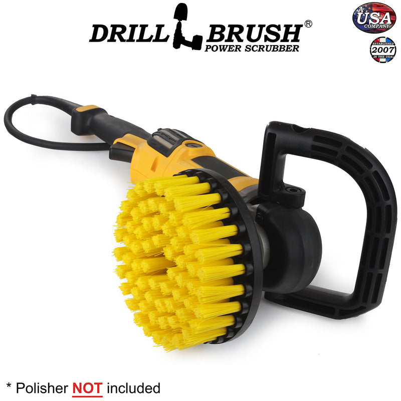 Drillbrush Medium Yellow 7 inch brush in a variable speed polisher.