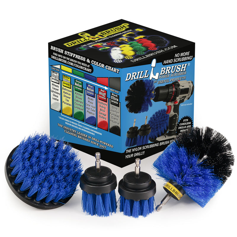 The Drillbrush 42OS-2L Medium Blue Marine & Pool Brush Kit in front of the box it comes in.
