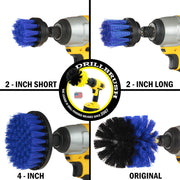 Images of the Drillbrush 2 inch Short, 2 inch Long, 4 inch, and Original Medium Blue Marine & Pool Brushes in cordless drills.