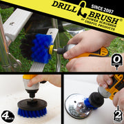 Action shots of a Medium Blue Original brush cleaning a boat ladder, a Medium Blue 2 inch Long Drillbrush cleaning a gas cap, and a Medium Blue 4 inch Drillbrush cleaning the hull.
