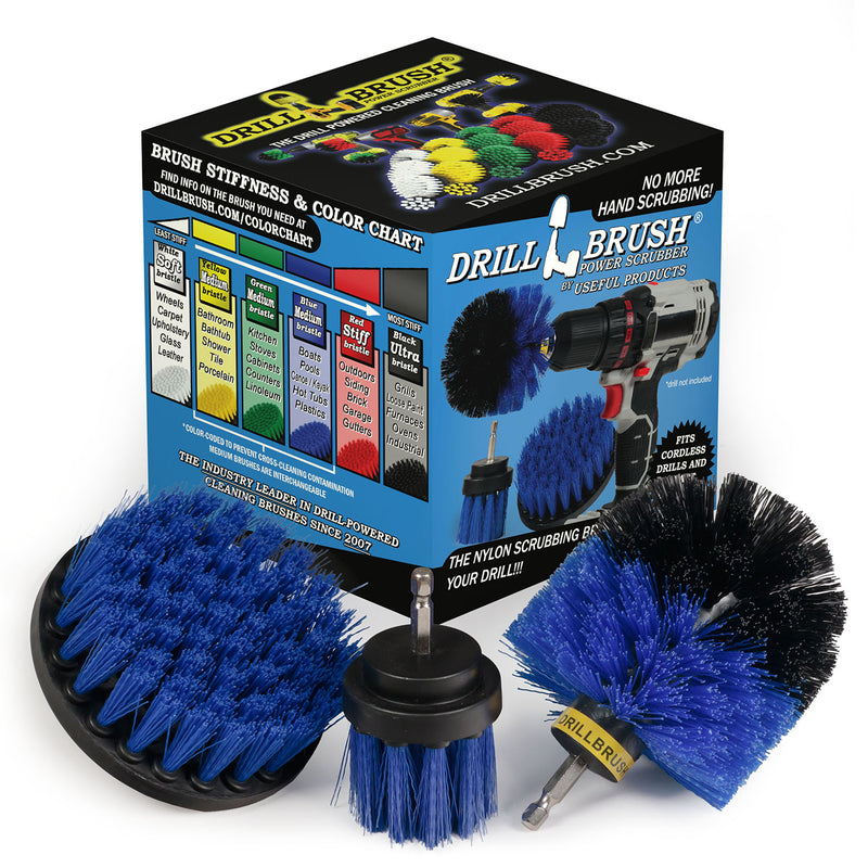 The Drillbrush 4OS-2L Medium Blue Marine & Pool Brush Kit in front of the box it comes in.