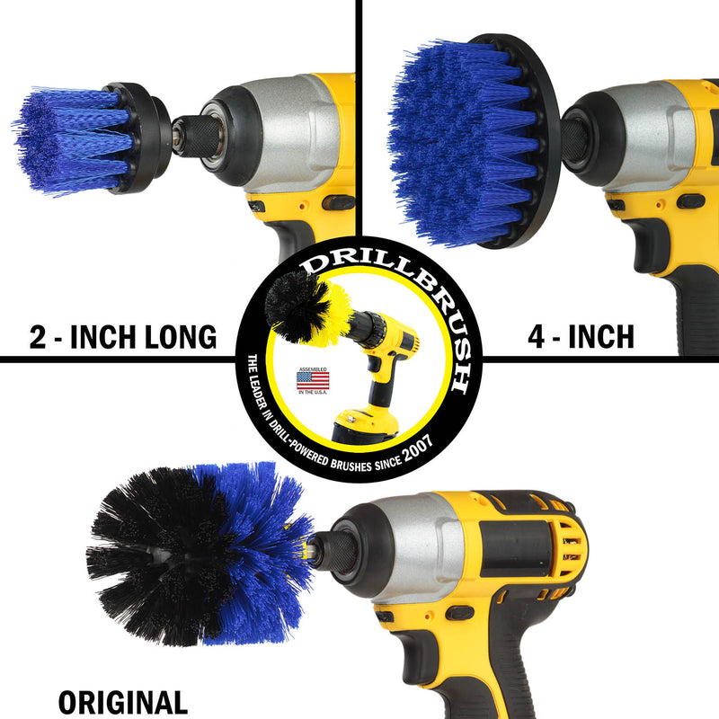Images of the Drillbrush 2 inch Long, 4 inch, and Original Medium Blue Marine & Pool Brushes in cordless drills.