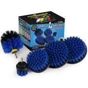 The Drillbrush 5542O Medium Blue Marine & Pool Brush Kit in front of the box it comes in.