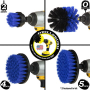 Images of the Drillbrush 2 inch Short, 4 inch, 5 inch, and Original Medium Blue Marine & Pool Brushes in cordless drills.