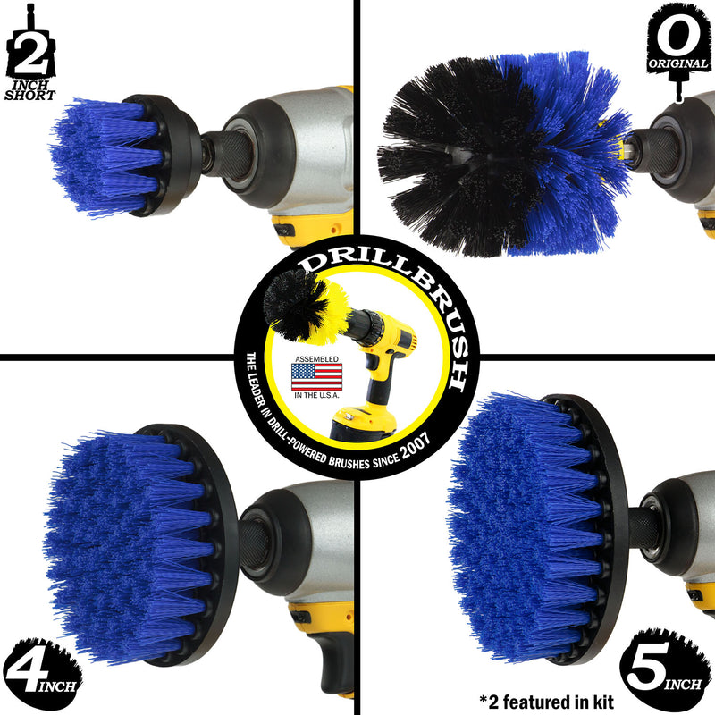 Images of the Drillbrush 2 inch Short, 4 inch, 5 inch, and Original Medium Blue Marine & Pool Brushes in cordless drills.