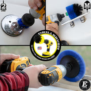 Action shots of a Medium Blue Mini brush cleaning a handle, a Medium Blue Edge brush cleaning a window sill, and a Medium Blue 2 inch Short Drillbrush cleaning a gas cap.