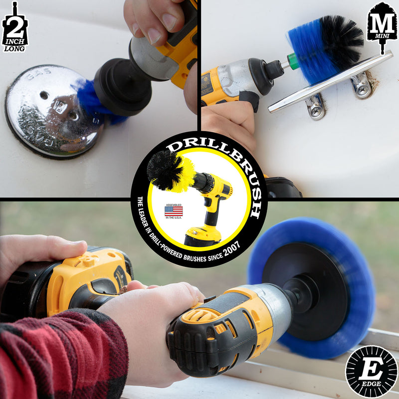 Action shots of a Medium Blue Mini brush cleaning a handle, a Medium Blue Edge brush cleaning a window sill, and a Medium Blue 2 inch Short Drillbrush cleaning a gas cap.