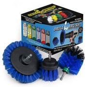 The Drillbrush EMS-2L Medium Blue Marine & Pool Brush Kit in front of the box it comes in.