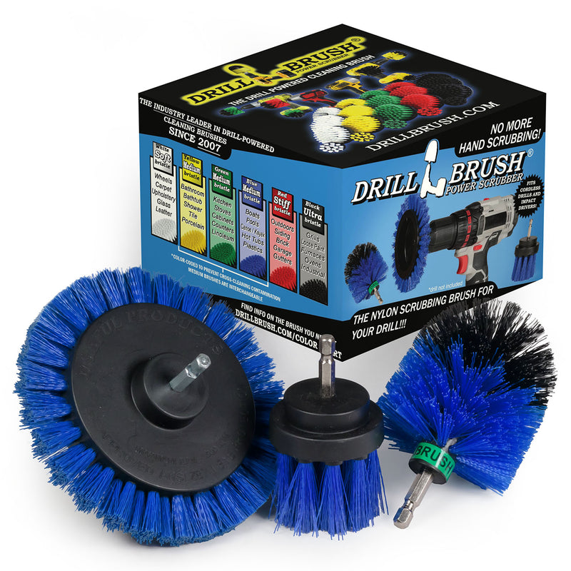 The Drillbrush EMS-2L Medium Blue Marine & Pool Brush Kit in front of the box it comes in.