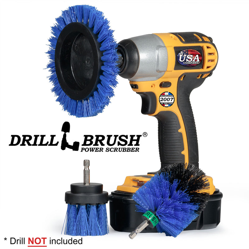 Drillbrush EMS-2L Medium Blue Marine & Pool Brush Kit with an Edge brush in a cordless drill.