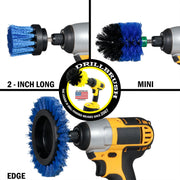 Images of the Drillbrush 2 inch Long, Edge, and Mini Medium Blue Marine & Pool Brushes in cordless drills.