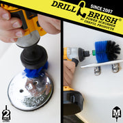 Action shots of a Medium Blue 2 inch Long Drillbrush cleaning a gas cap and a Medium Blue Mini brush cleaning a handle.