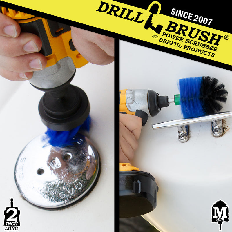 Action shots of a Medium Blue 2 inch Long Drillbrush cleaning a gas cap and a Medium Blue Mini brush cleaning a handle.