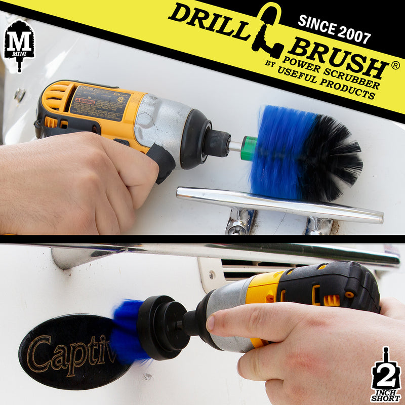 Action shots of a Medium Blue 2 inch Drillbrush cleaning the stern of a ship and a Medium Blue Mini brush cleaning a handle.