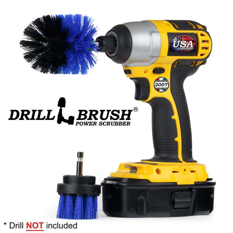 Drillbrush 2M Medium Blue Marine & Pool Brush Kit with a Mini brush in a cordless drill.
