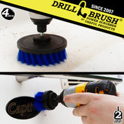 Action shots of a Medium Blue 2 inch Short Drillbrush cleaning the stern of a boat and a Medium Blue 4 inch Drillbrush cleaning the hull.