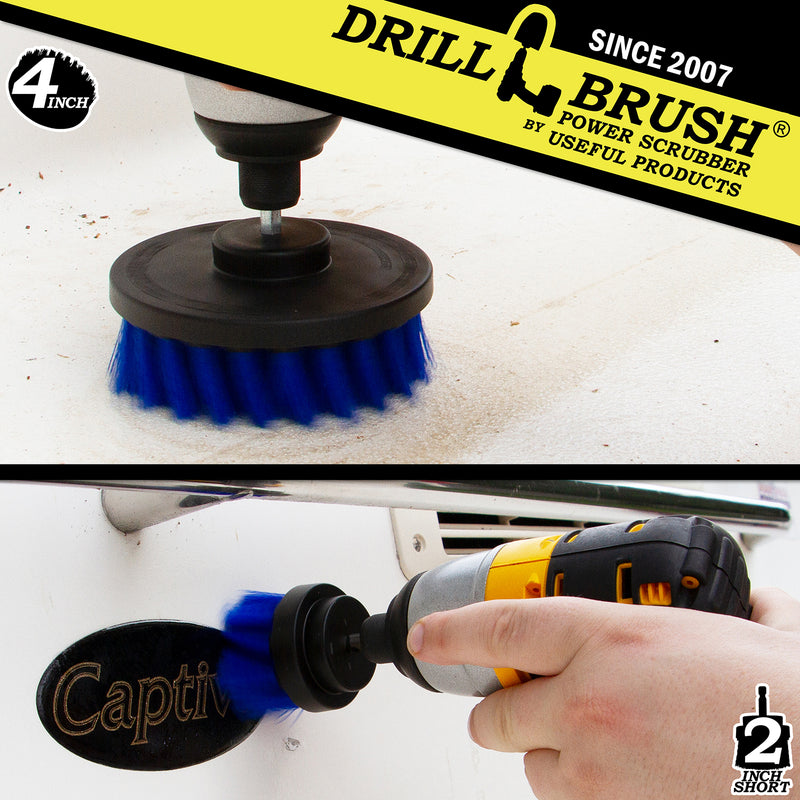 Action shots of a Medium Blue 2 inch Short Drillbrush cleaning the stern of a boat and a Medium Blue 4 inch Drillbrush cleaning the hull.