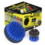 Drillbrush Medium Blue 4 inch and 2 inch Short brushes in front of their packaging. 