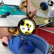 Action shots of a Medium Blue Original Jumbo brush in a 5 inch extension cleaning a bucket, a Medium Blue 2 inch Short Drillbrush in a 5 inch extension cleaning the sidelights, and a Medium Blue 4 inch Drillbrush in a 5 inch extension cleaning the hull..