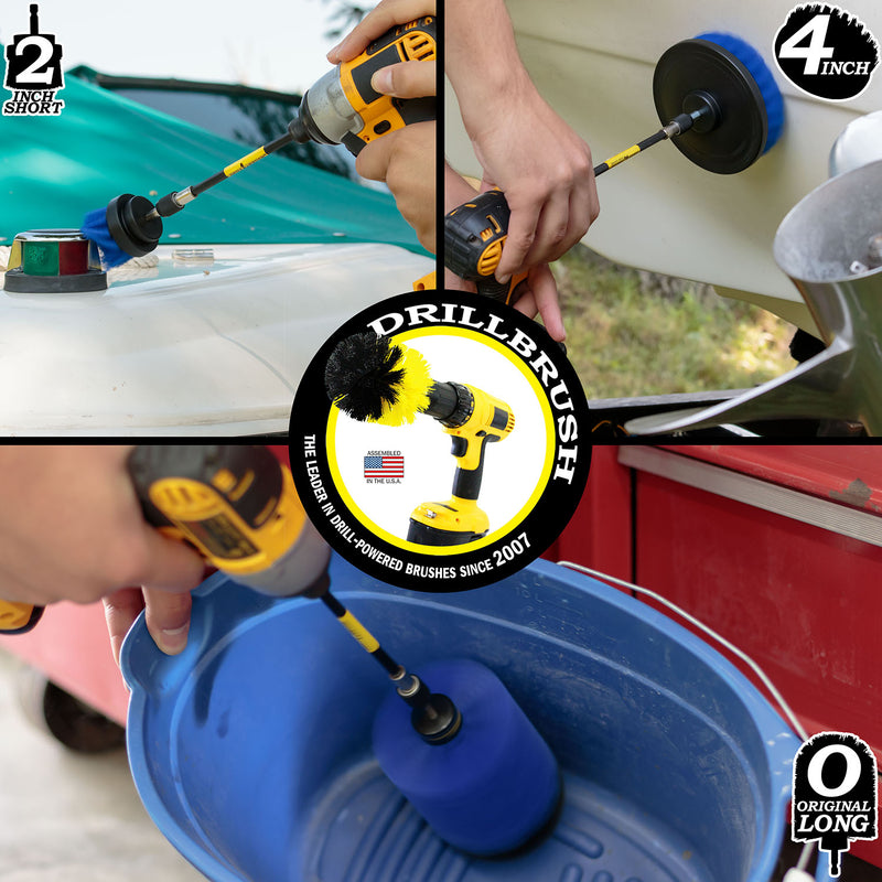 Action shots of a Medium Blue Original Jumbo brush in a 5 inch extension cleaning a bucket, a Medium Blue 2 inch Short Drillbrush in a 5 inch extension cleaning the sidelights, and a Medium Blue 4 inch Drillbrush in a 5 inch extension cleaning the hull..