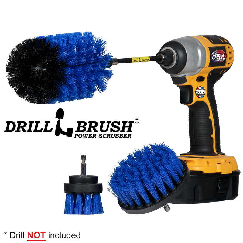 Drillbrush 42J-5X Medium Blue Marine & Pool Brush Kit with an Original Jumbo brush in a 5 inch extension in a cordless drill.
